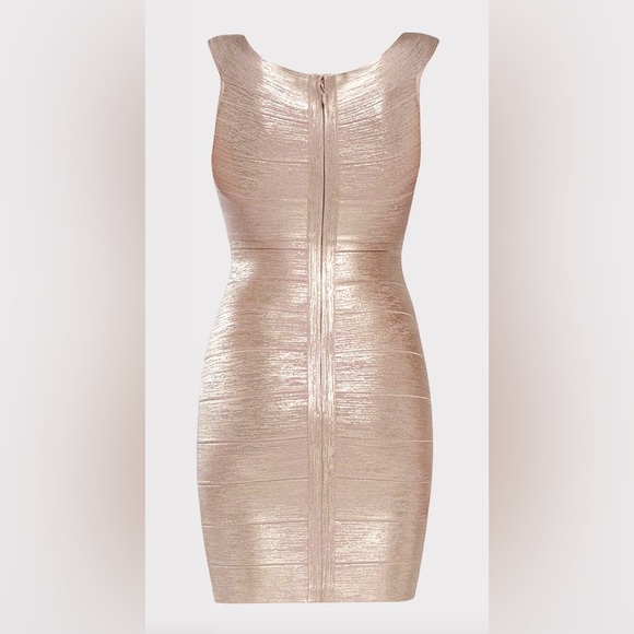 Herve Leger Rose Gold Criss Cross off the Shoulder Bandage Dress NWT - Picture 2 of 10